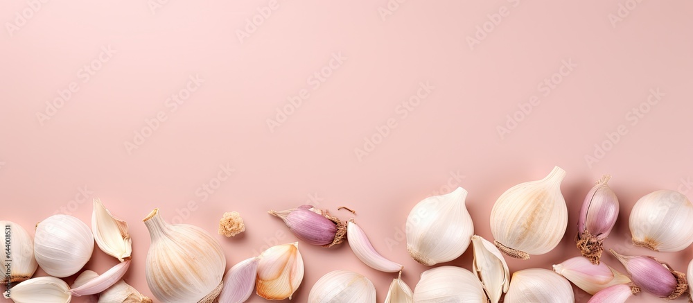 Garlic supplements pictured against isolated pastel background Copy space Garlic supplements pictured against isolated pastel background Copy space