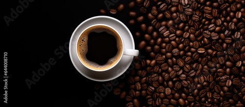 Hot espresso with coffee beans on a isolated pastel background Copy space