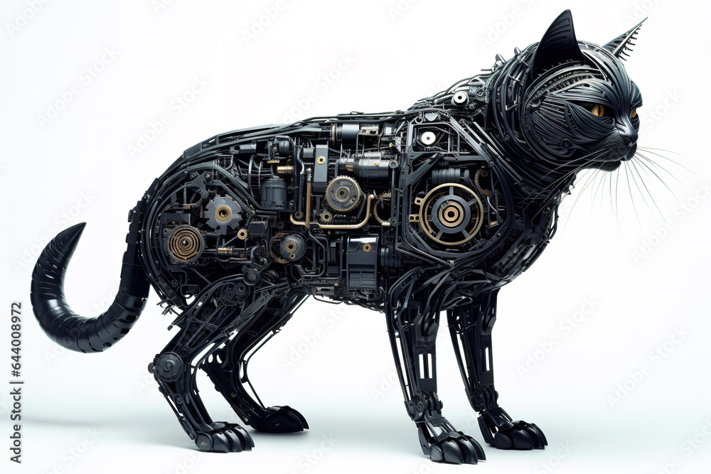 Fototapeta premium A black cat made of electronic machinery on a white background. Pet. Animals. illustration. Generative AI.