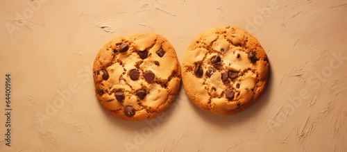A pair of cookies made with salted chocolate chips isolated pastel background Copy space