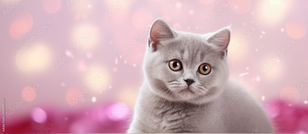 Adorable British Shorthair kitten in captivating poses surrounded by beautiful bokeh lights on black and isolated pastel background Copy space s