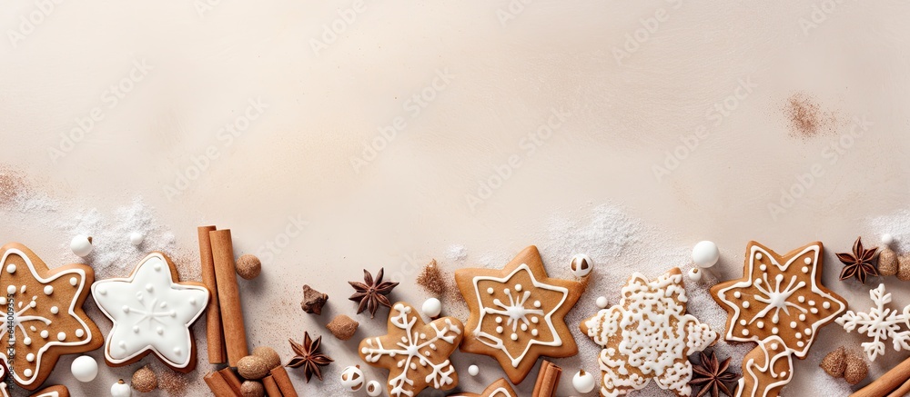 Delicious gingerbread cookies on isolated pastel background Copy space - obrazy, fototapety, plakaty 
