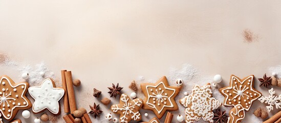 Delicious gingerbread cookies on isolated pastel background Copy space
