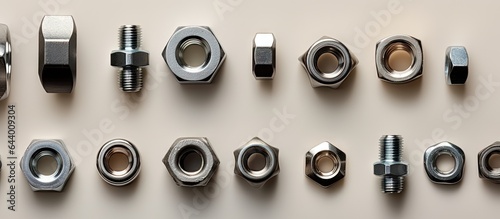 Different sized metal nuts set against isolated pastel background Copy space