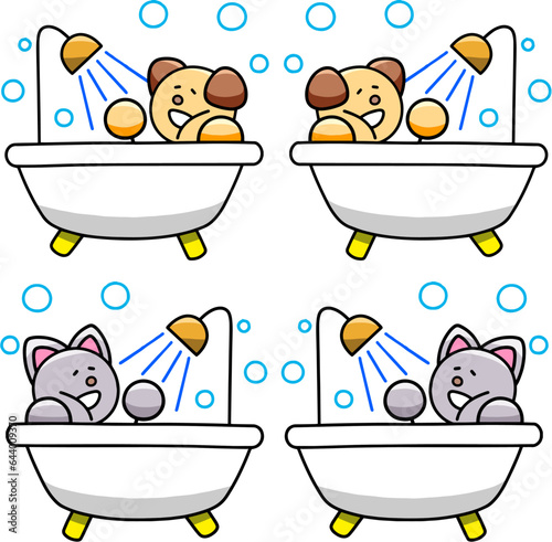 バスタイムなわんまるとにゃんまるのイラストセット　犬　猫
