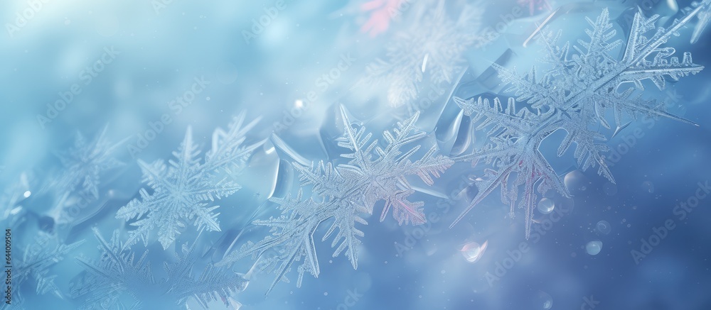 High magnification reveals ice crystals and snowflakes isolated pastel background Copy space