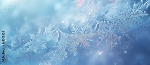 High magnification reveals ice crystals and snowflakes isolated pastel background Copy space © HN Works