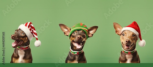 Dog in elf hat isolated pastel background Copy space
