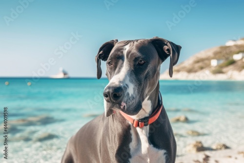 Lifestyle portrait photography of a curious great dane grooming wearing a bandage against a beautiful lagoon background. With generative AI technology