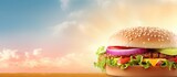Burger depicted in a scenic view isolated pastel background Copy space