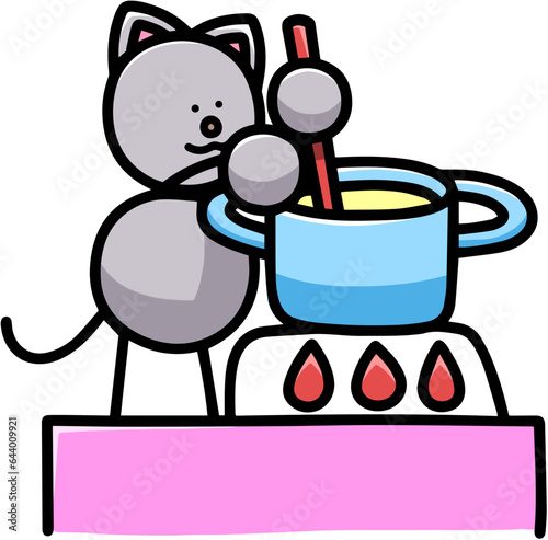 鍋料理をするにゃんまるのイラスト　猫
