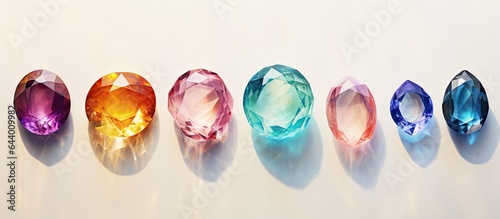 a collection of big shiny gems on a isolated pastel background Copy space