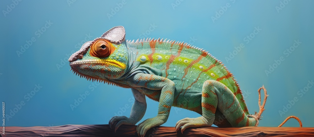 Naklejka premium chameleon appears aggressive in profile isolated pastel background Copy space