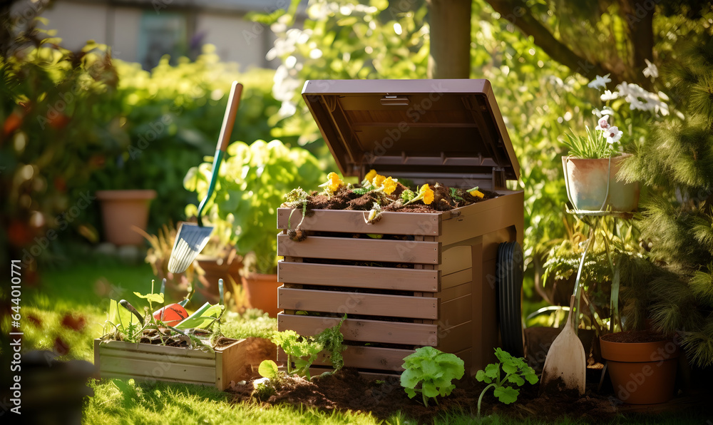 Bac à compost ouvert avec épluchures et vers de terre dans un jardin - obrazy, fototapety, plakaty 