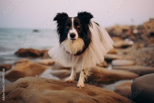 Medium shot portrait photography of a curious border collie wandering wearing a tutu skirt against a crashing waves background. With generative AI technology © Markus Schröder