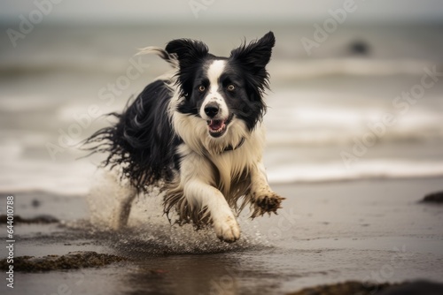Medium shot portrait photography of a curious border collie wandering wearing a tutu skirt against a crashing waves background. With generative AI technology © Markus Schröder