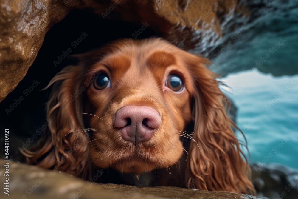 Close-up portrait photography of a smiling cocker spaniel sleeping wearing a raincoat against a spectacular sea cave background. With generative AI technology