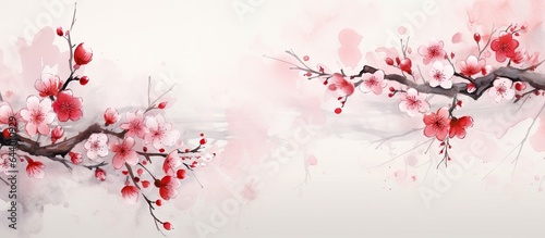 Japanese cherry blossom branch illustration with red decorative elements in ink painting isolated pastel background Copy space