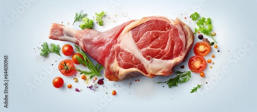 Delicious pork leg and veggies on a isolated pastel background Copy space
