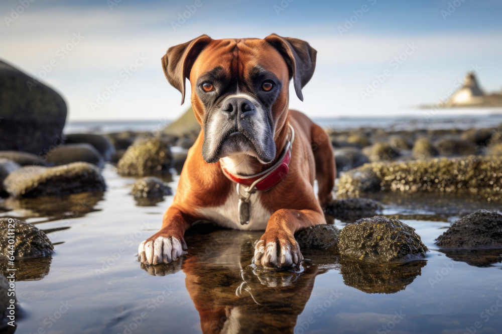 Photography in the style of pensive portraiture of a smiling boxer dog chewing bone wearing a sailor suit against a peaceful tide pool background. With generative AI technology