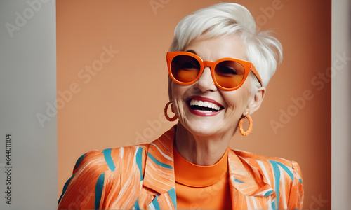 Portrait of aged lady woman with white hair former model from the past posing for fashion style photo in fashion study © franck