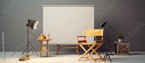 Director chair with a lightbox representing behind the scenes of a video isolated pastel background Copy space