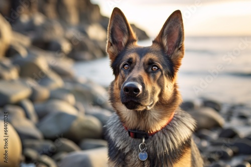 Close-up portrait photography of a cute german shepherd guarding wearing a light-up collar against a rocky shoreline background. With generative AI technology