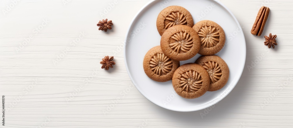 A white plate displaying traditional Pecan cinnamon cookies in a close up shot isolated pastel background Copy space