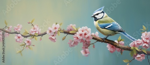 Blue Tit perched on a blossoming branch Cyanistes caeruleus seen from the side on isolated pastel background Copy space