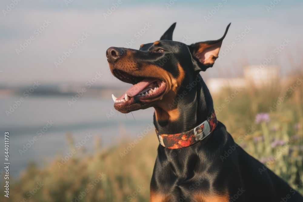 Medium shot portrait photography of a happy doberman pinscher sticking out tongue wearing a floral collar against a calm bay background. With generative AI technology