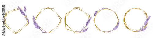Floral Collection. A set of frames for wedding design. Lavender, gold frames. Cute lavender sprigs in monochrome purple color. . Vector illustration