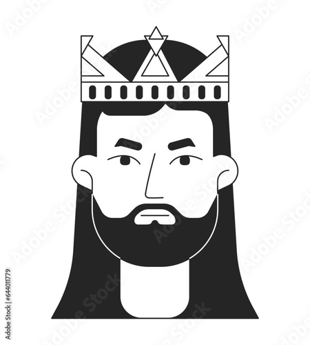 Brunette man in golden crown monochrome flat linear character head. Serious face. Editable outline hand drawn human face icon. 2D cartoon spot vector avatar illustration for animation