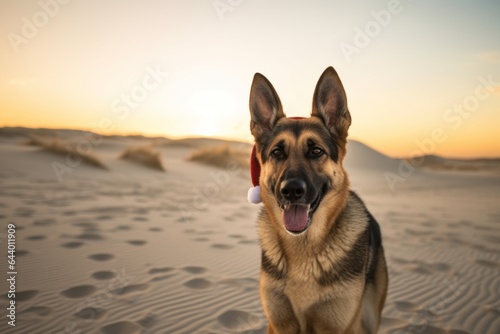 Medium shot portrait photography of a curious german shepherd yelping wearing a christmas hat against a serene dune landscape background. With generative AI technology © Markus Schröder