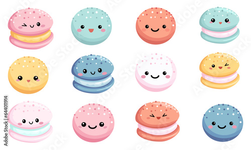 Vector Tasty Set. Cute macaroni cakes with funny faces. . Vector illustration