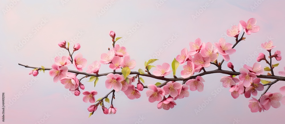 Naklejka premium Crabapple trees blooming branches and twigs with pink buds and flowers adding joy and beauty to spring isolated pastel background Copy space