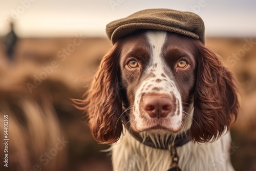 Close-up portrait photography of a happy english springer spaniel mounting wearing a cool cap against a serene dune landscape background. With generative AI technology photo