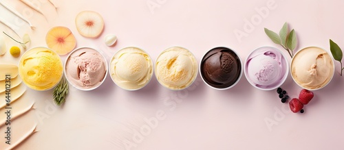 coffee tea mango taro and coconut flavors of healthy homemade low fat ice cream isolated pastel background Copy space