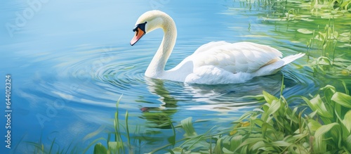 Fast swimming mute swan on a river of blue water with floating duckweed isolated pastel background Copy space