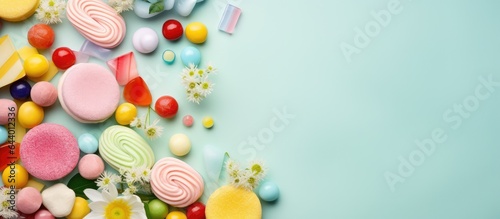 Colorful candies against isolated pastel background Copy space