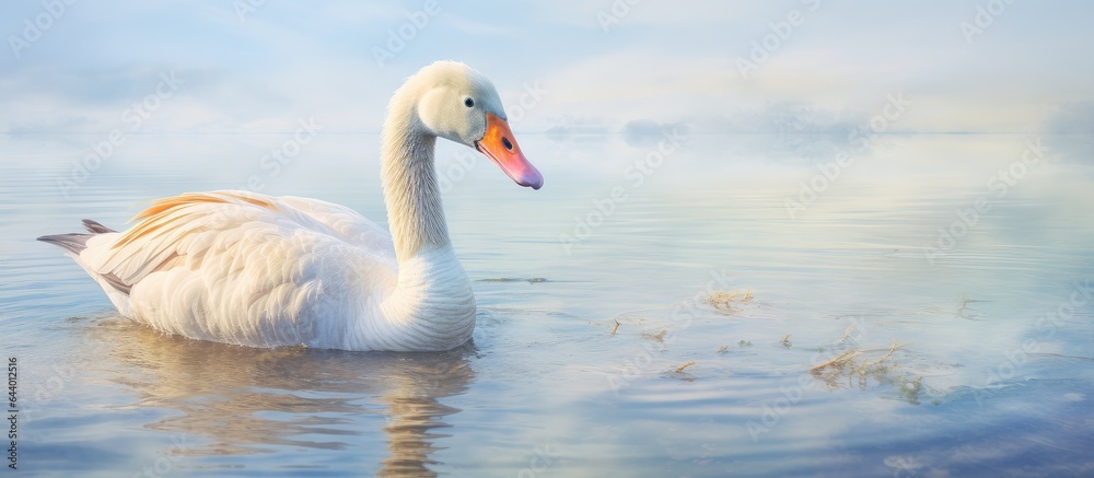 Obraz premium Close up photograph of a goose near the water isolated pastel background Copy space