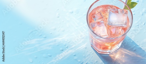 Alcoholic cocktail served with ice in a glass isolated pastel background Copy space