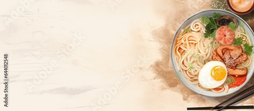 Japanese ramen noodles with pork egg and seaweed served in a ceramic bowl in Japan absolutely delectable isolated pastel background Copy space