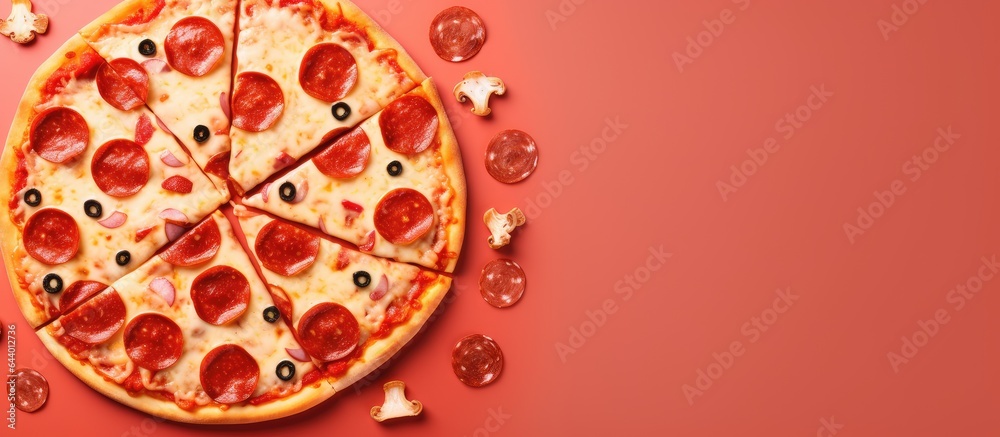 Food item often topped with cheese sauce and various toppings isolated pastel background Copy space