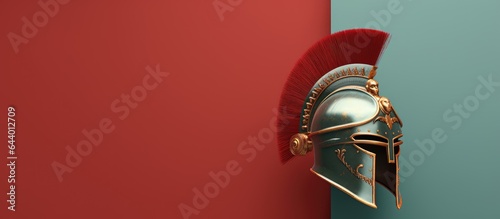 Black Roman helmet with red crest viewed from the front isolated pastel background Copy space photo