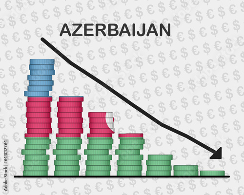 Azerbaijan economic collapse, decreasing values with coins, crisis and downgrade concept