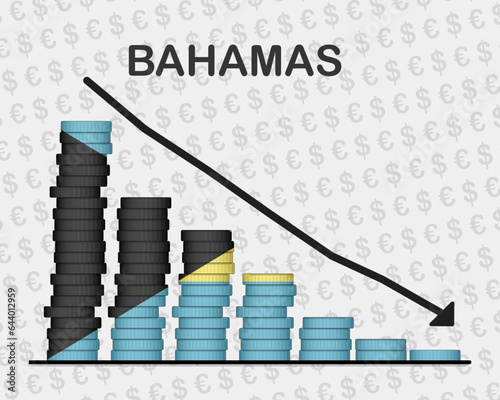 Bahamas economic collapse, decreasing values with coins, crisis and downgrade concept