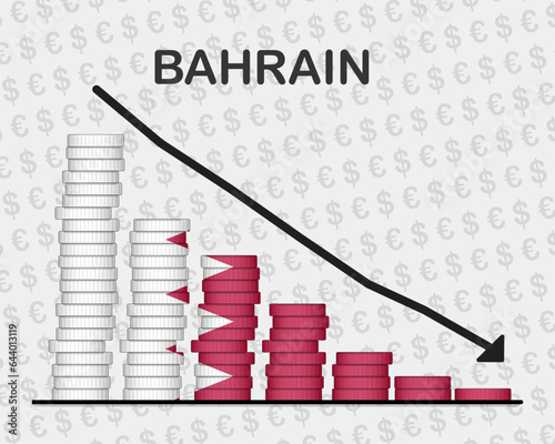 Bahrain economic collapse, decreasing values with coins, crisis and downgrade concept