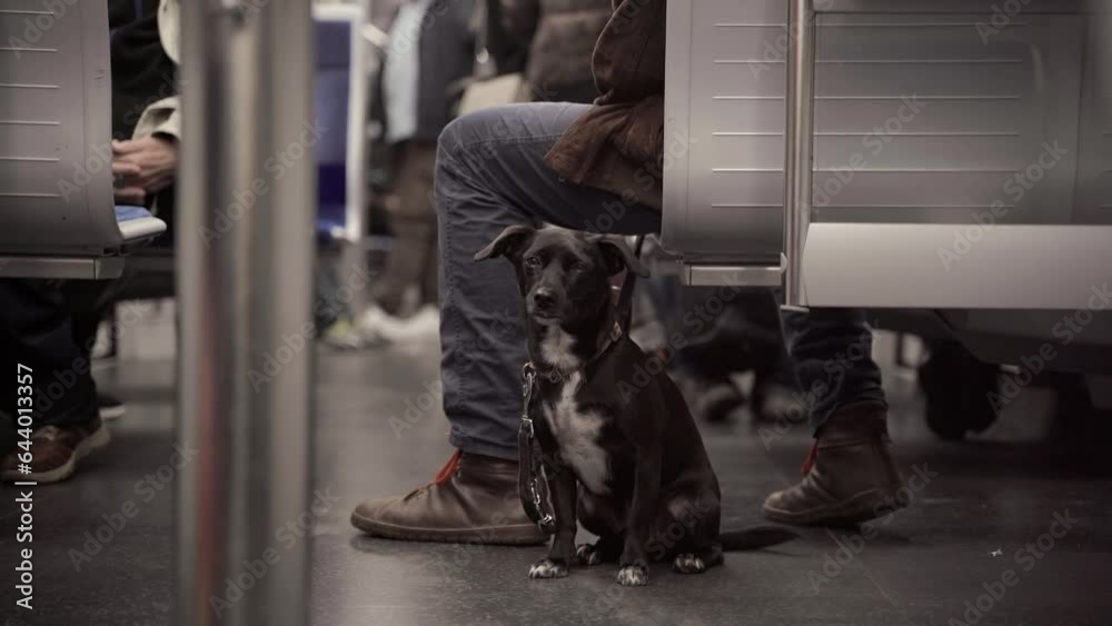 Dog and owners feet on the subway in Munich, Germany. Travel in public transport with animals in Europe. Canine in the Bayerische Bahn. Hund in der U Bahn in Deutschland. Metro and animals. 
