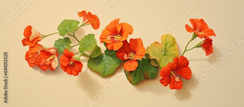 Isolated set of Nasturtium Dwarf Jewel Capuchina on a isolated pastel background Copy space photo