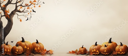 Halloween pumpkin baskets with a tree jack olantern on a isolated pastel background Copy space photo